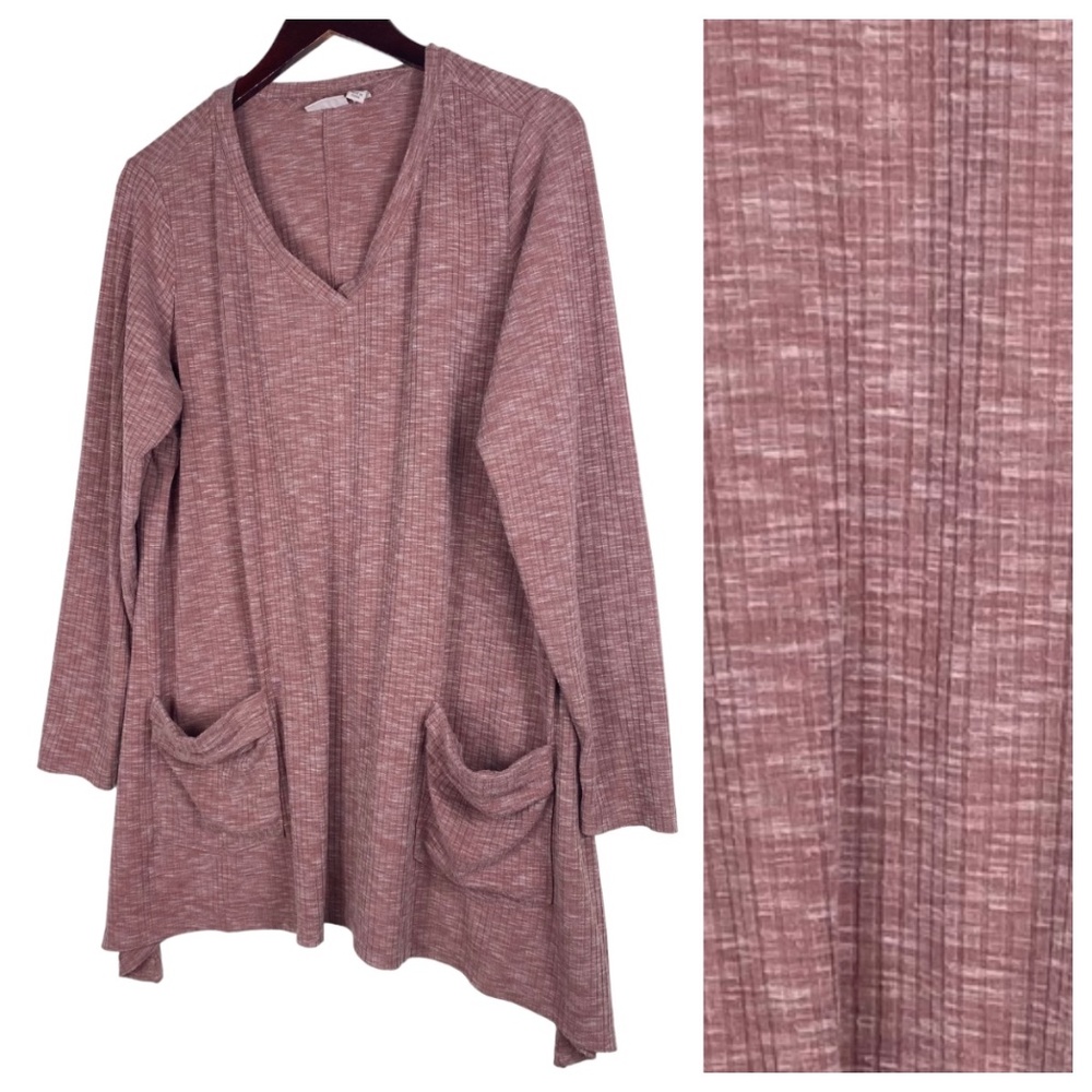 LOGO Lori Goldstein 1X 16 18 Top Tunic Shirt Ribbed Pink Pockets V-Neck Stretch